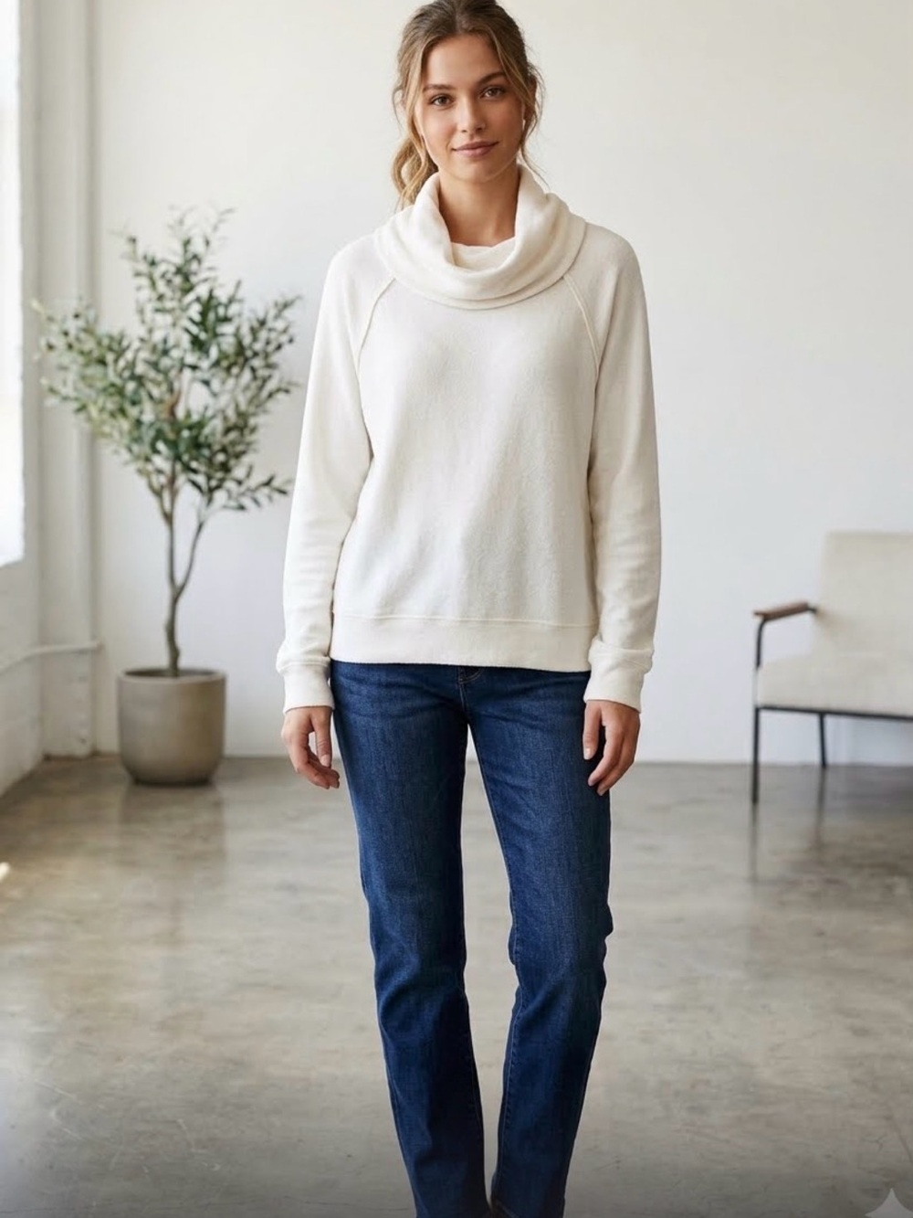 Free People Echo Beach Turtleneck Sweater Sz S Ivory Chunky Knit Cowl Neck Boho
